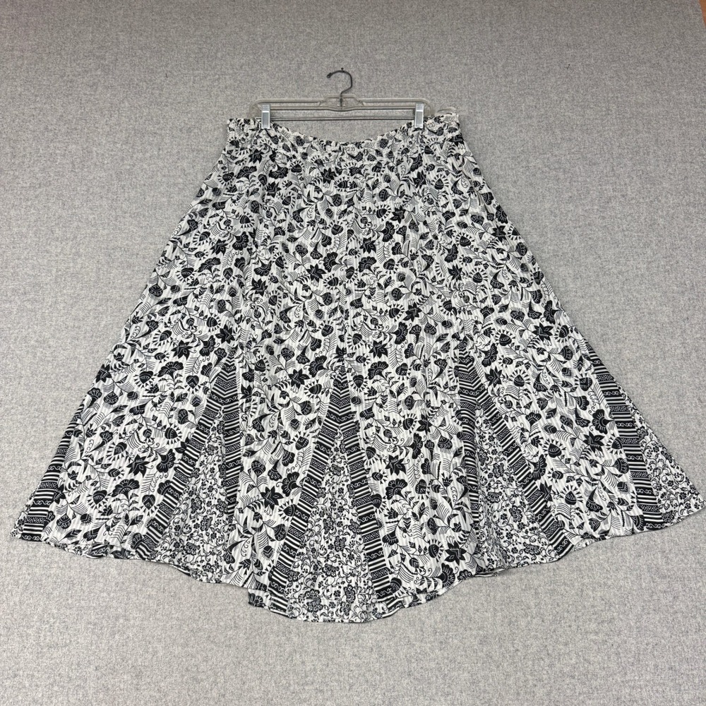 Vintage Floral Georgette Midi Skirt | M | Black White | Elastic Waist Boho Flowy